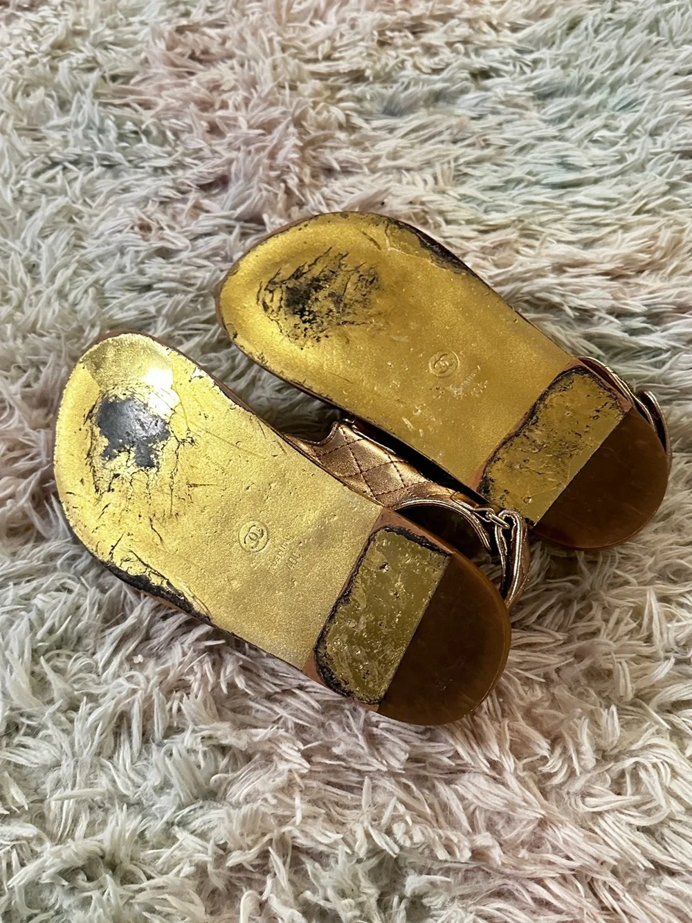 Chanel Iridescent Lambskin Quilted Velcro Dad Sandals in Light Bronze Size 40